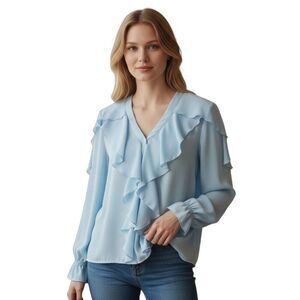 ESLEY BLUE RUFFLE BLOUSE SZ.S GUC.